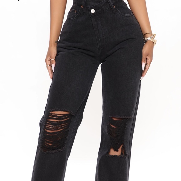Black Distressed Crossover Straight leg Jeans in size 15. - Picture 3 of 3